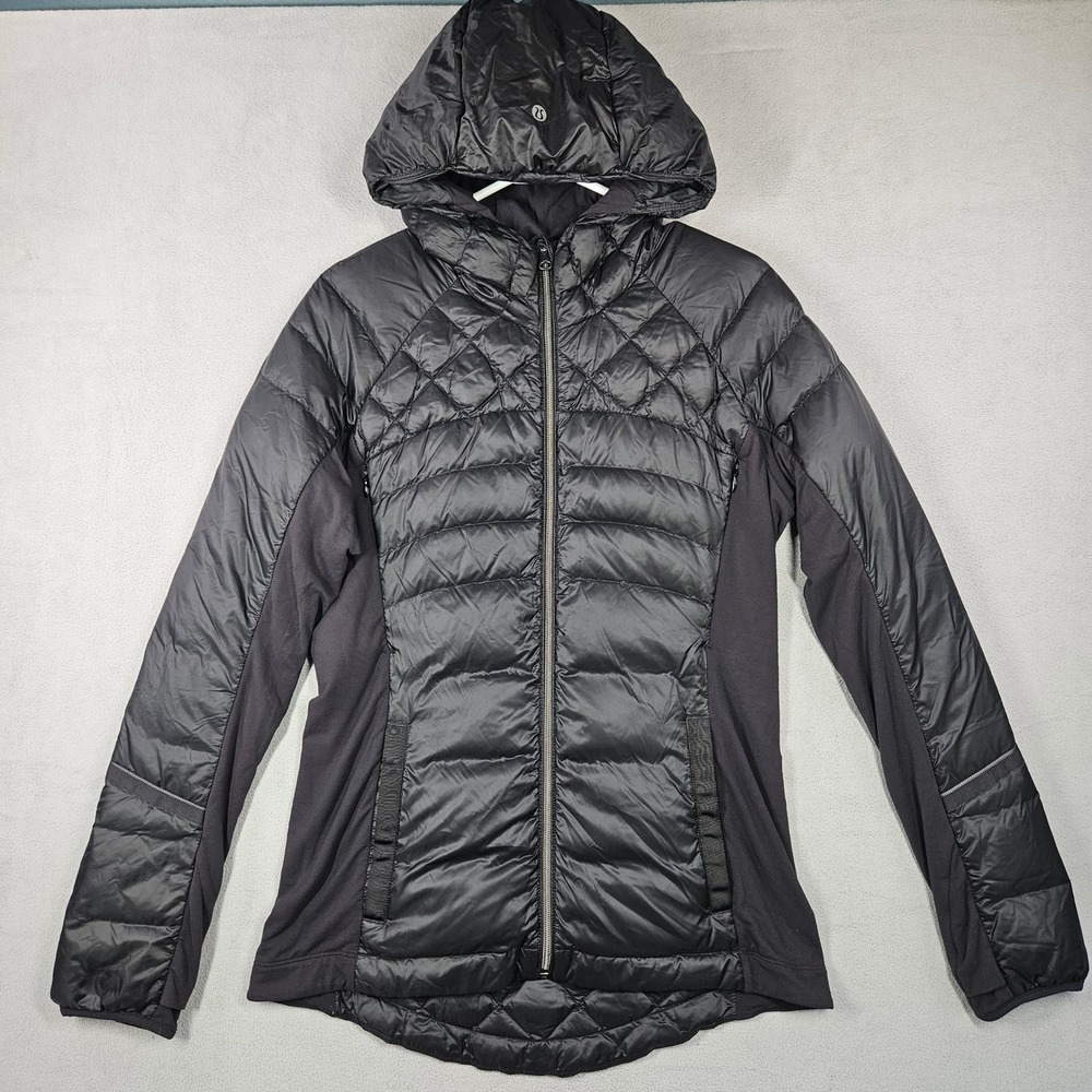 Lululemon Down For A Run Jacket Womens 8 Black Hooded Goose Down Puffer Quilted
